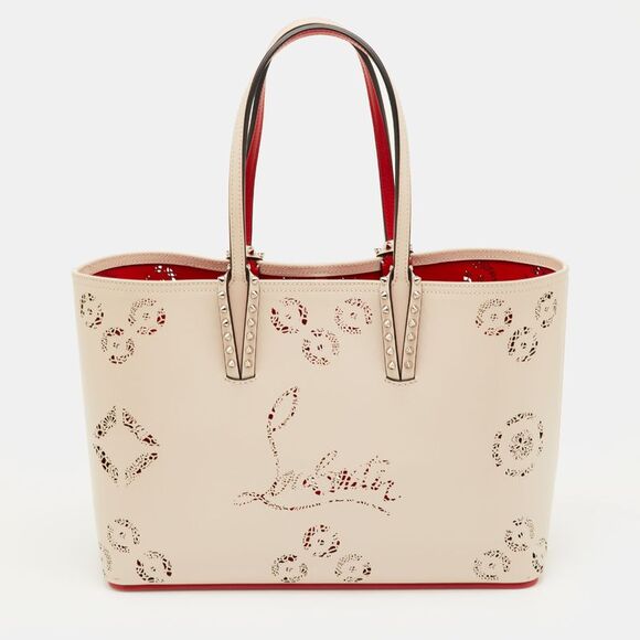Christian Louboutin Handbags - Christian Louboutin Cabata Small Beige Perforated Leather Spikes Shopper Tote